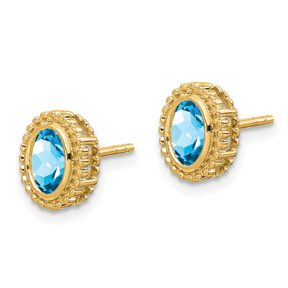 Solid 14k Yellow Gold Oval Simulated Blue Topaz Post Earrings