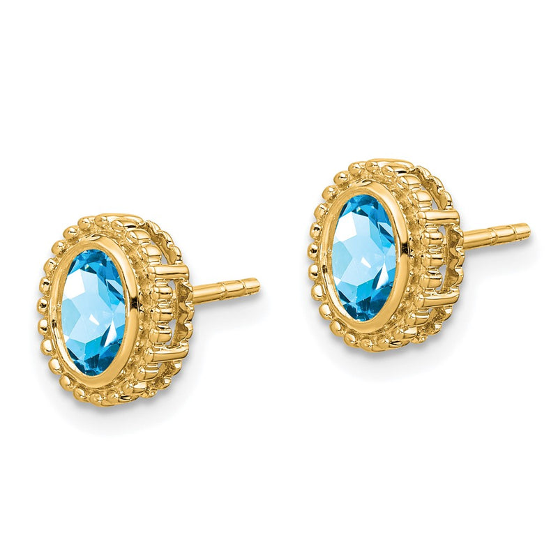 Solid 14k Yellow Gold Oval Simulated Blue Topaz Post Earrings