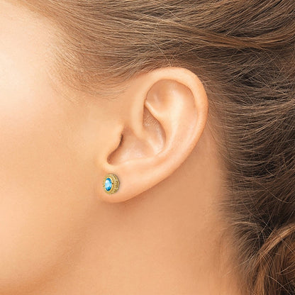 Solid 14k Yellow Gold Oval Simulated Blue Topaz Post Earrings