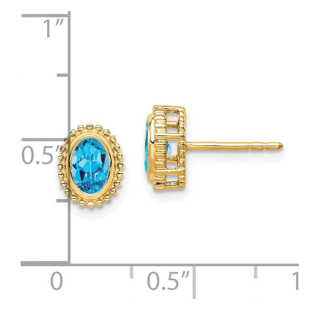 Solid 14k Yellow Gold Oval Simulated Blue Topaz Post Earrings