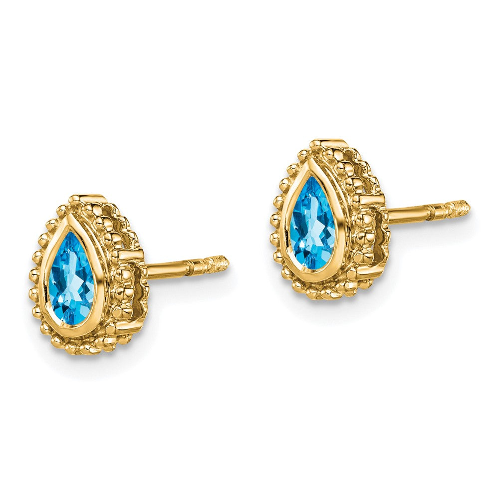 Solid 14k Yellow Gold Pear Simulated Blue Topaz Post Earrings