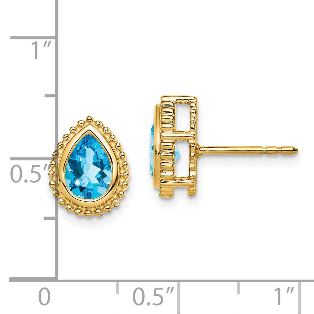 Solid 14k Yellow Gold Pear Simulated Blue Topaz Post Earrings