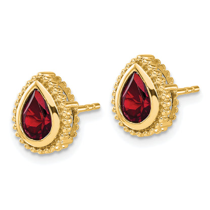 Solid 14k Yellow Gold Pear Simulated Garnet Post Earrings