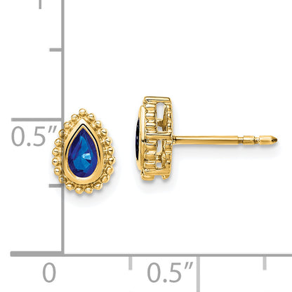 Solid 14k Yellow Gold Pear Simulated Sapphire Post Earrings