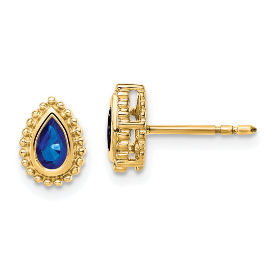 Solid 14k Yellow Gold Pear Simulated Sapphire Post Earrings