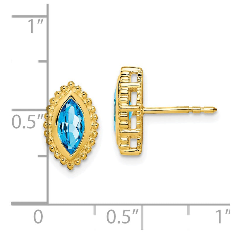 Solid 14k Yellow Gold Marquise Simulated Blue Topaz Post Earrings