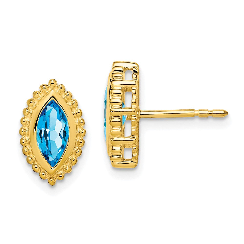 Solid 14k Yellow Gold Marquise Simulated Blue Topaz Post Earrings