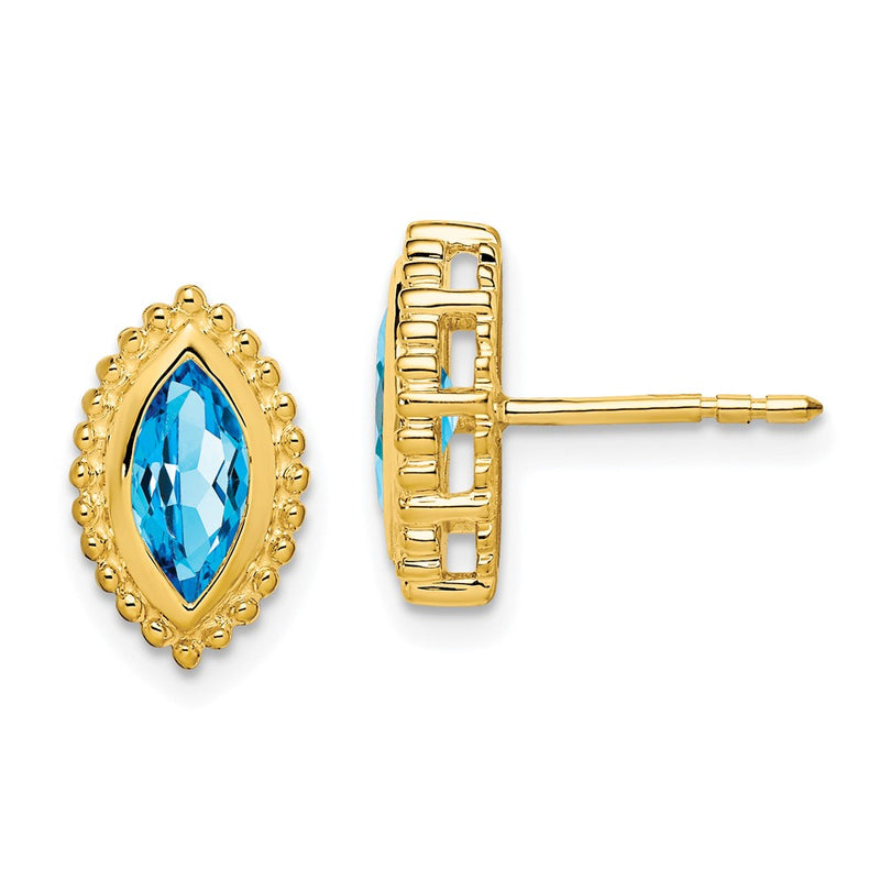Solid 14k Yellow Gold Marquise Simulated Blue Topaz Post Earrings
