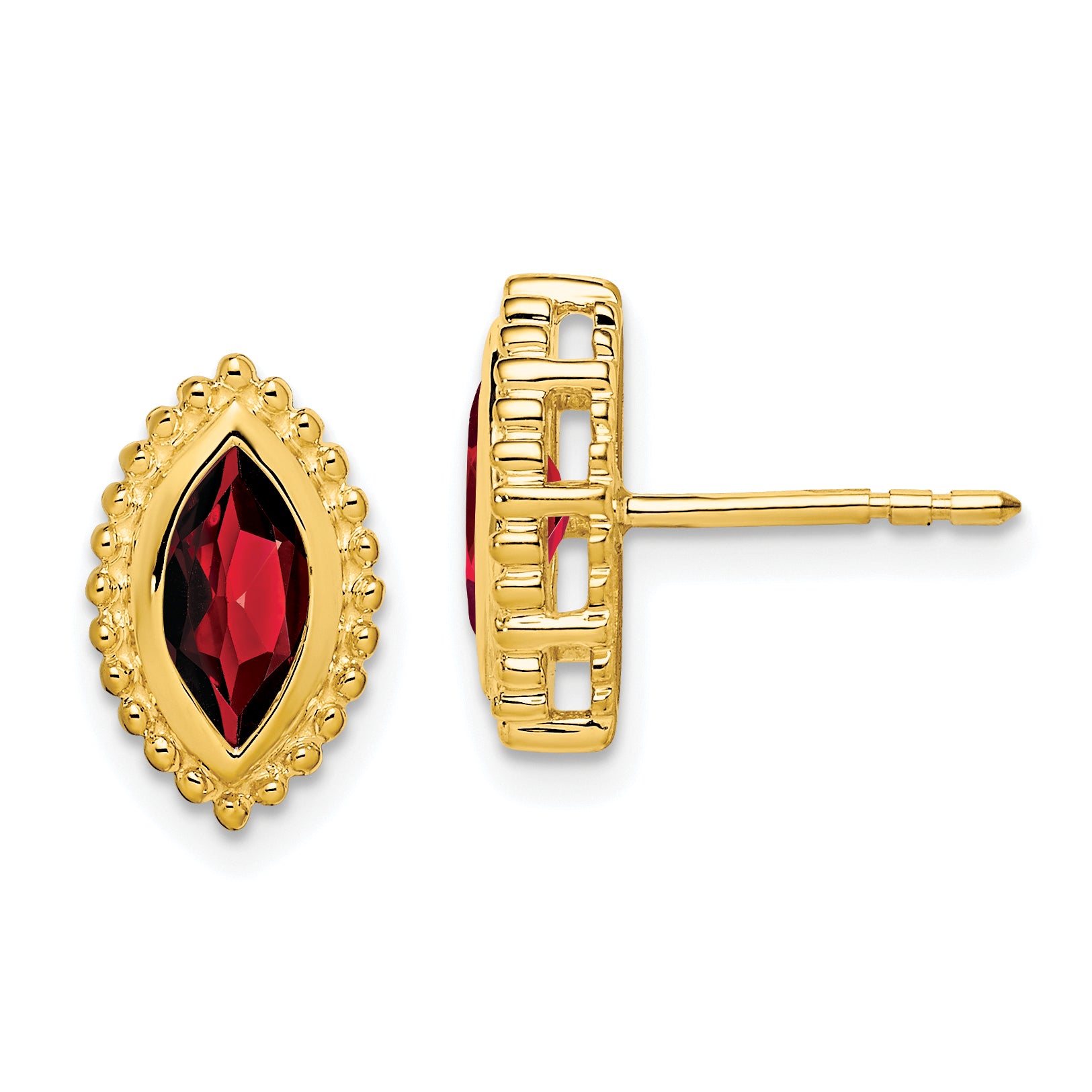 Solid 14k Yellow Gold Marquise Simulated Garnet Post Earrings