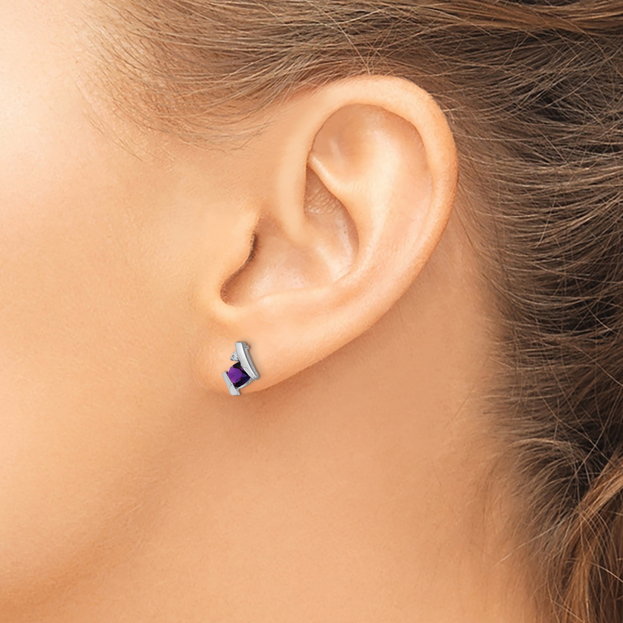 10K White Gold Cushion Amethyst And Diamond Earrings