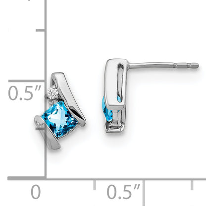 10K White Gold Cushion Blue Topaz And Diamond Earrings