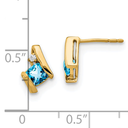 10K Yellow Gold Cushion Blue Topaz And Diamond Earrings