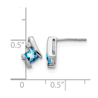 14K White Gold Cushion Blue Topaz and Diamond Earrings