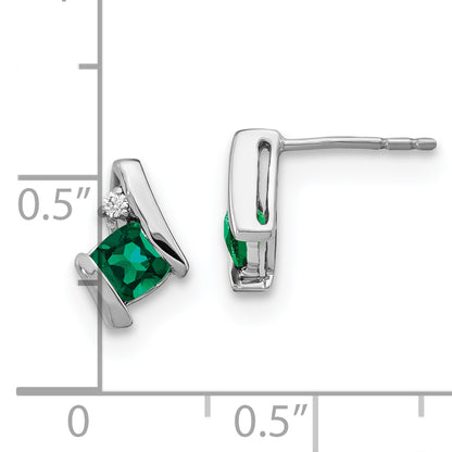 10K White Gold Cushion Cr. Emerald And Diamond Earrings