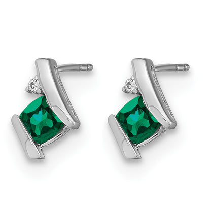 14K White Gold Cushion Cr. Emerald and Diamond Earrings