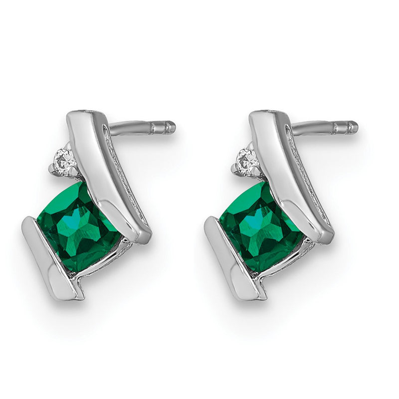 14K White Gold Cushion Cr. Emerald and Diamond Earrings