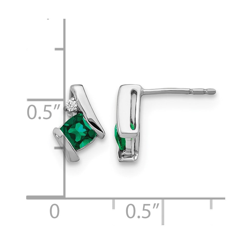 14K White Gold Cushion Cr. Emerald and Diamond Earrings