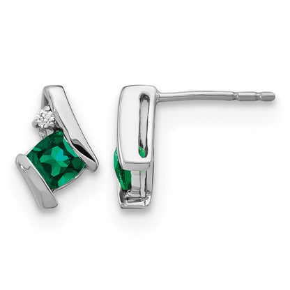 14K White Gold Cushion Cr. Emerald and Diamond Earrings