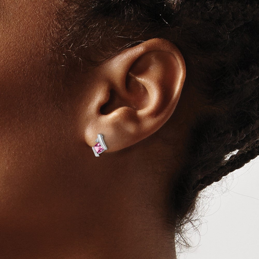 14K White Gold Cushion Cr. Pink Sapphire and Diamond Earrings