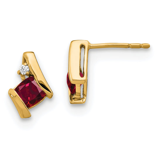 10K Yellow Gold Cushion Cr. Ruby And Diamond Earrings