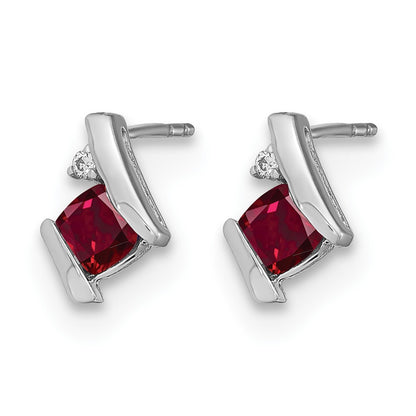 14K White Gold Cushion Cr. Ruby and Diamond Earrings