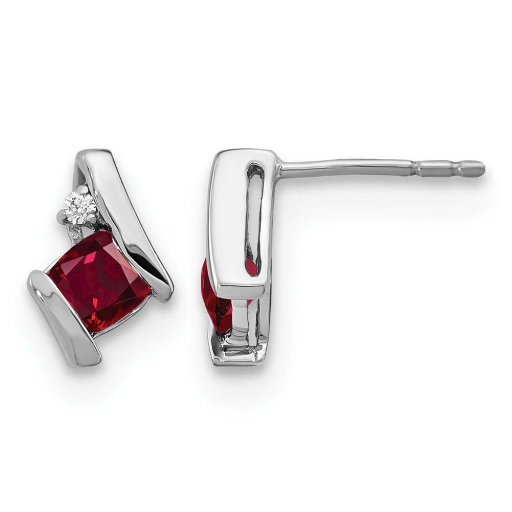 14K White Gold Cushion Cr. Ruby and Diamond Earrings