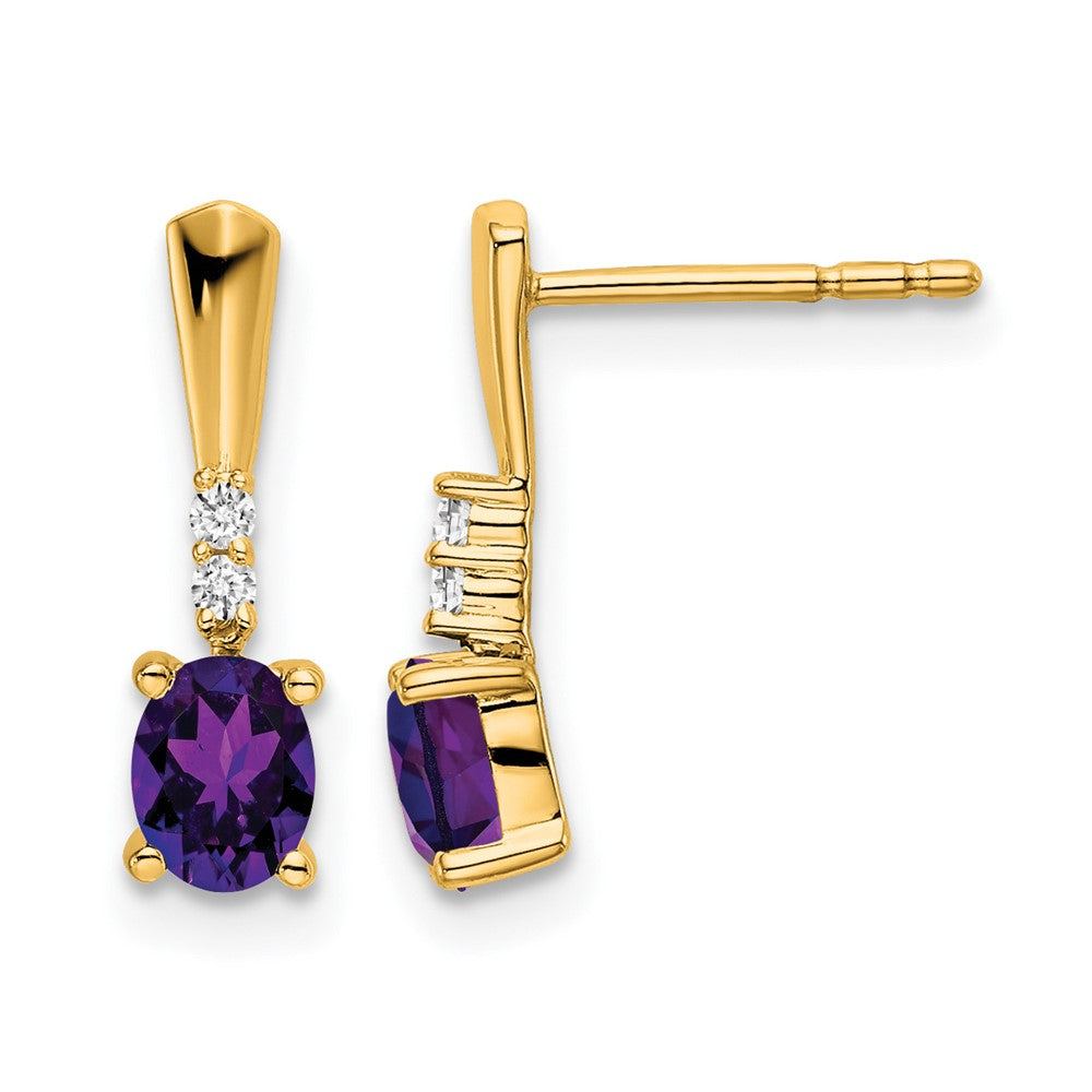 14K Yellow Gold Oval Amethyst and Diamond Dangle Earrings