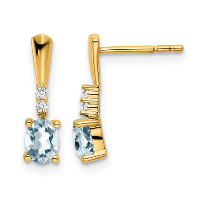 14K Yellow Gold Oval Aquamarine and Diamond Dangle Earrings