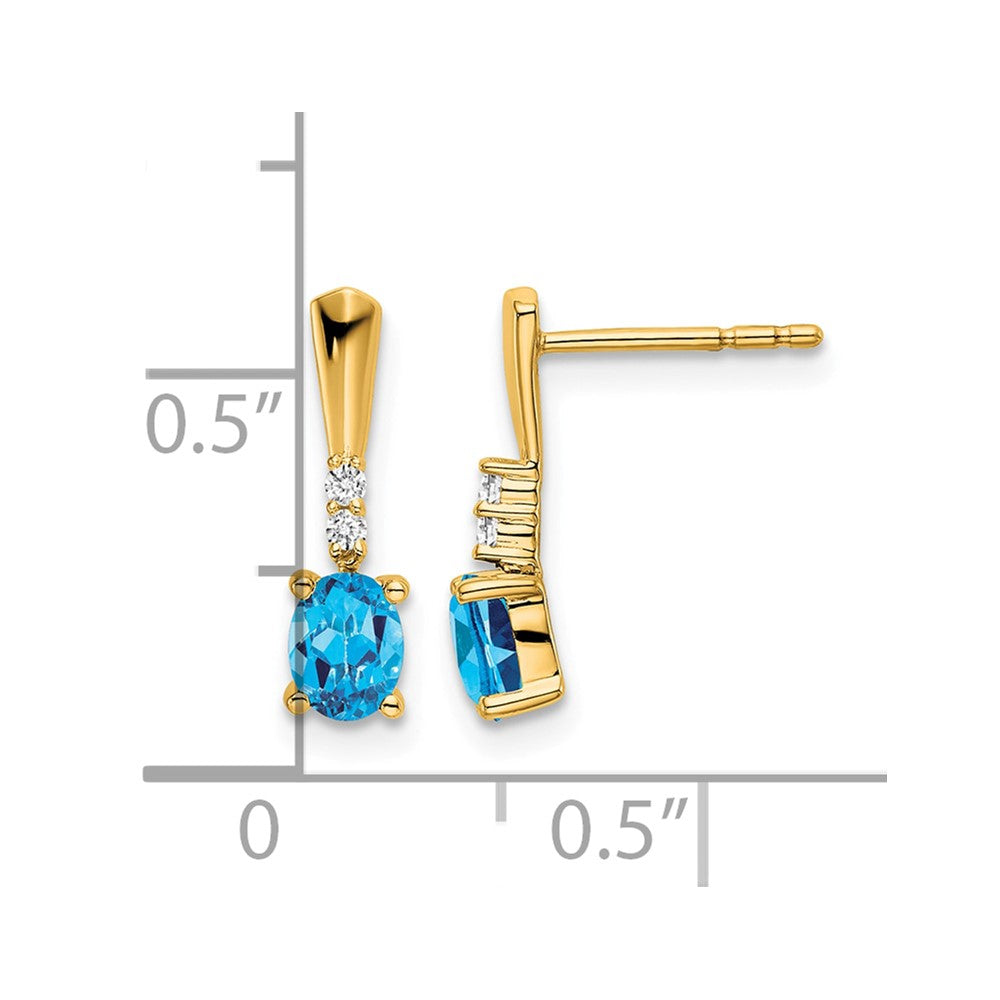 14K Yellow Gold Oval Blue Topaz and Diamond Dangle Earrings