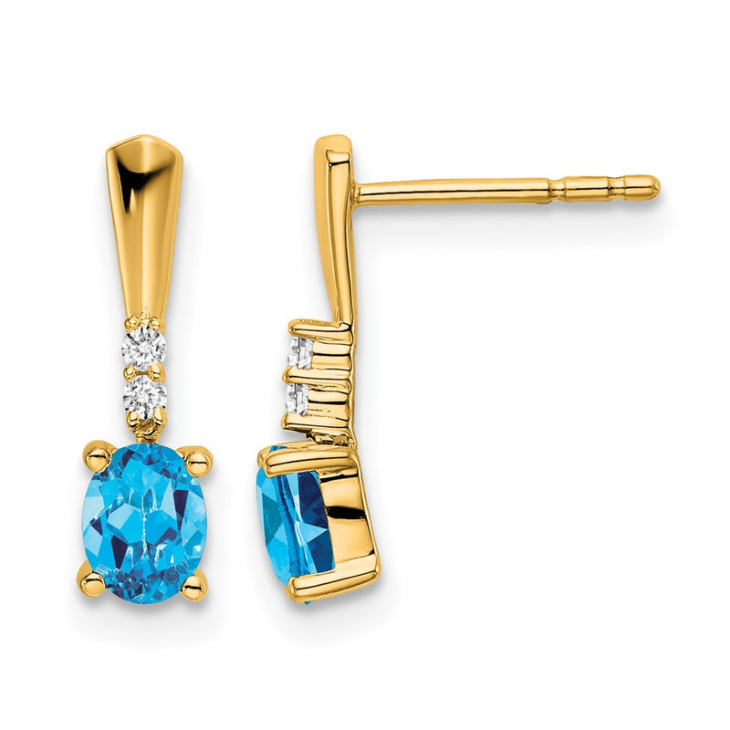 14K Yellow Gold Oval Blue Topaz and Diamond Dangle Earrings