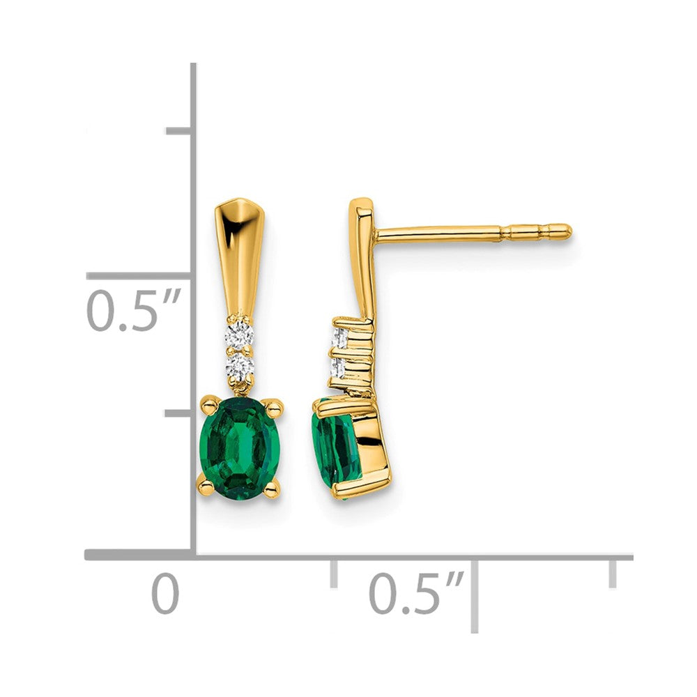 14K Yellow Gold Oval Created Emerald and Diamond Dangle Earrings