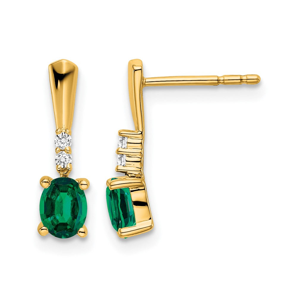 14K Yellow Gold Oval Created Emerald and Diamond Dangle Earrings