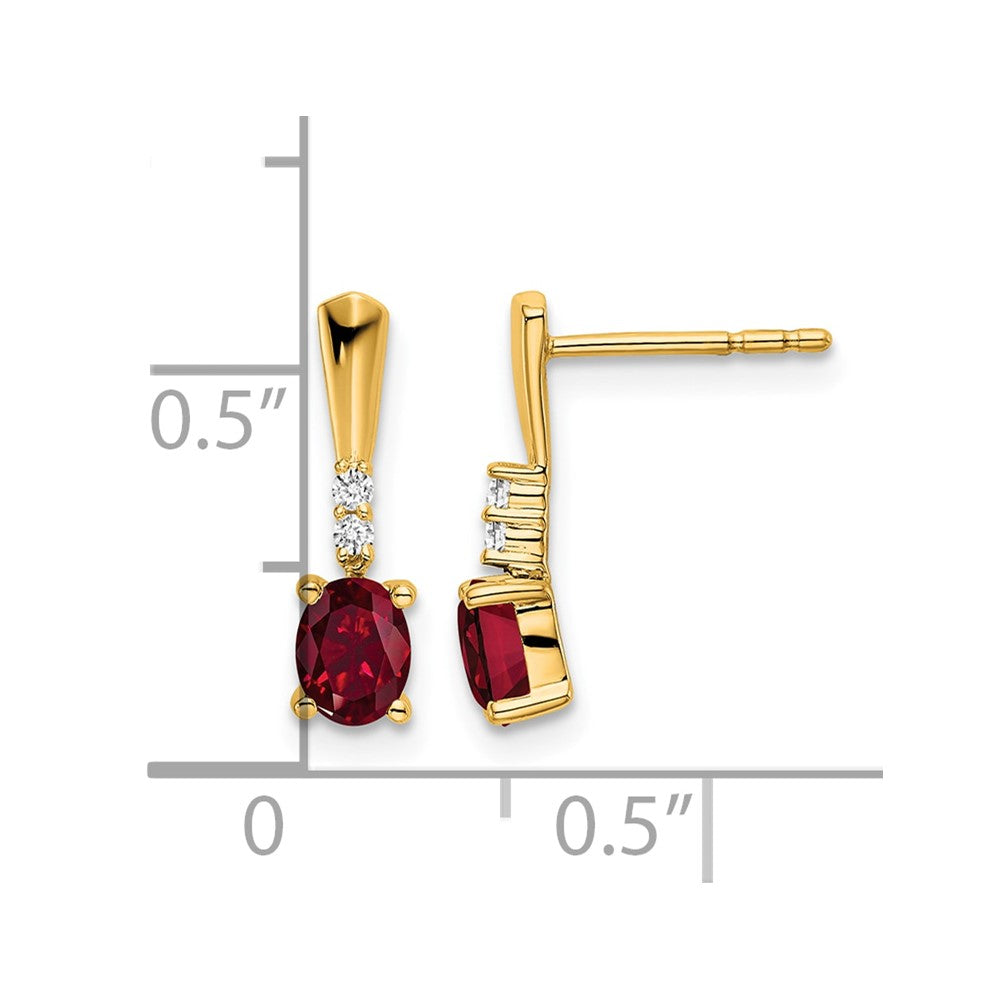 14K Yellow Gold Oval Created Ruby and Diamond Dangle Earrings