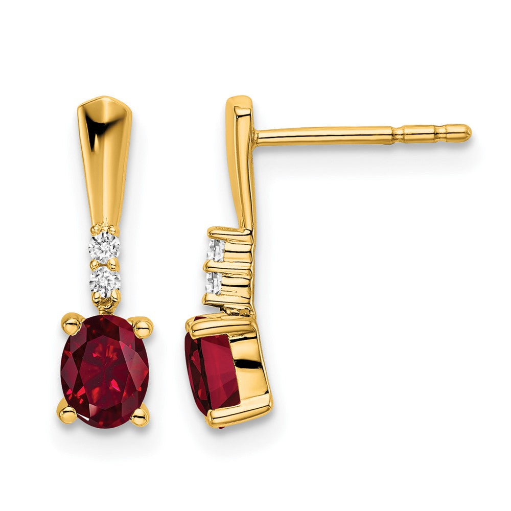 14K Yellow Gold Oval Created Ruby and Diamond Dangle Earrings