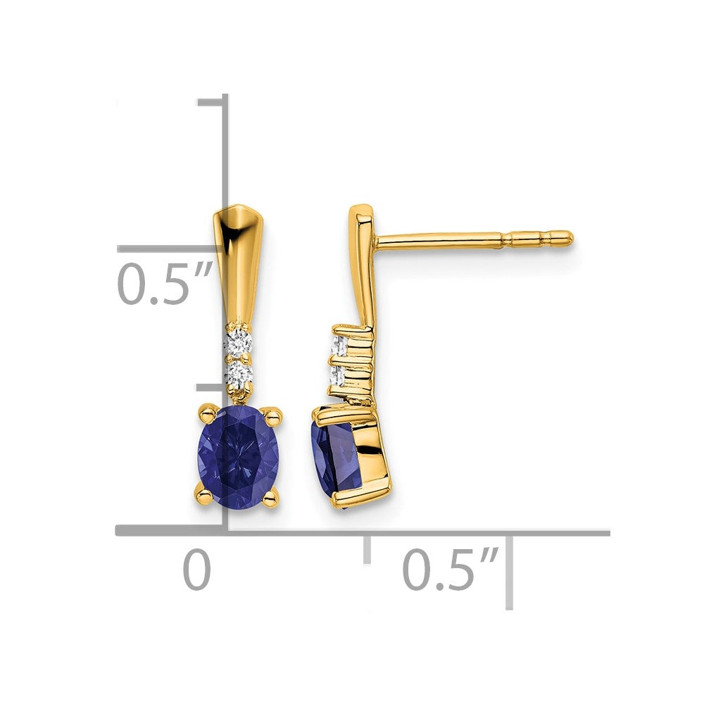 14K Yellow Gold Oval Created Sapphire and Diamond Dangle Earrings