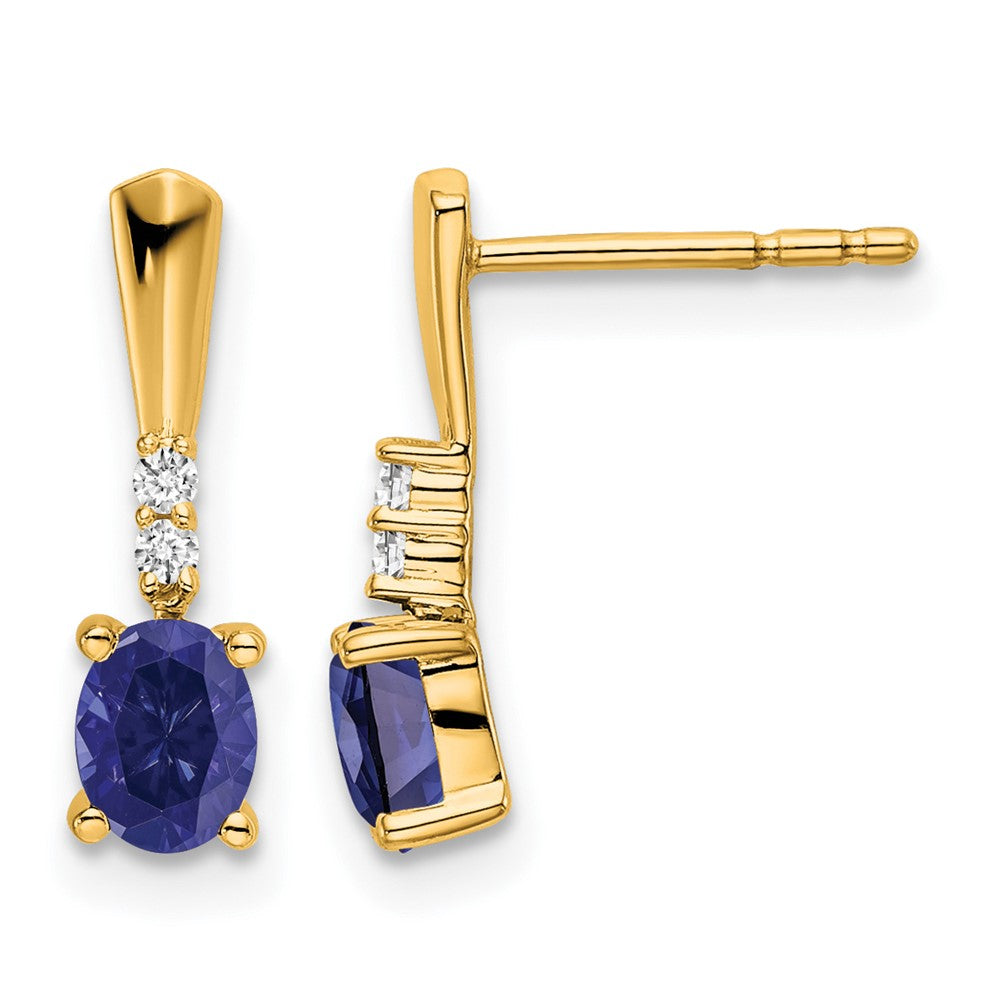 14K Yellow Gold Oval Created Sapphire and Diamond Dangle Earrings