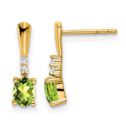 14K Yellow Gold Oval Peridot and Diamond Dangle Earrings