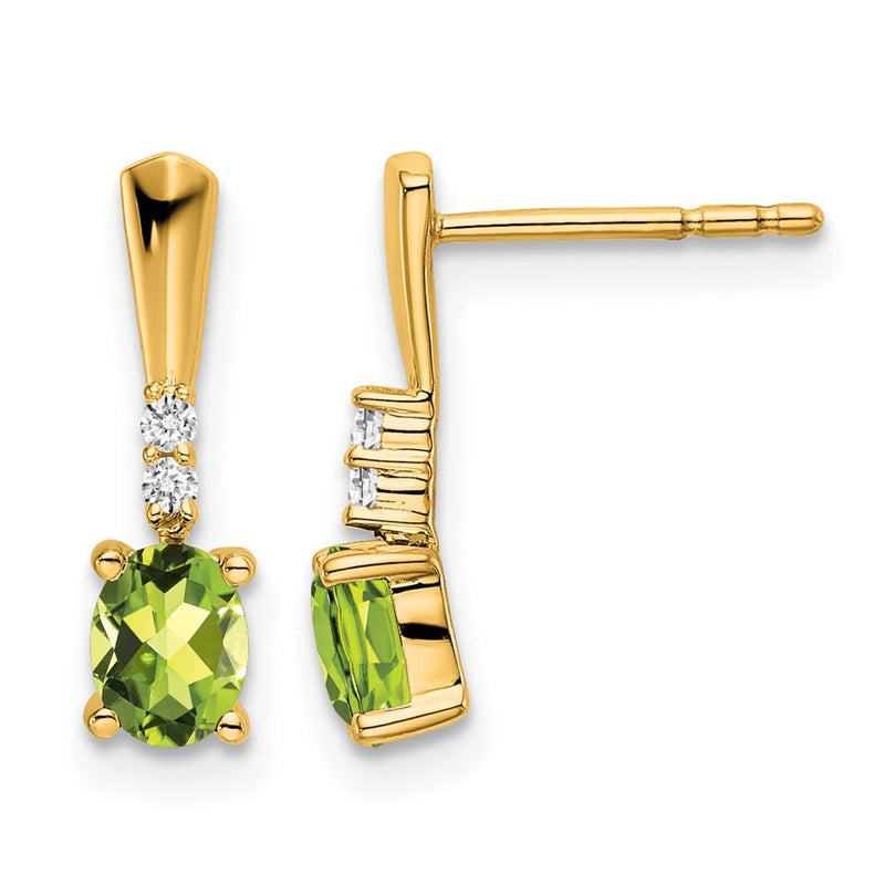 14K Yellow Gold Oval Peridot and Diamond Dangle Earrings