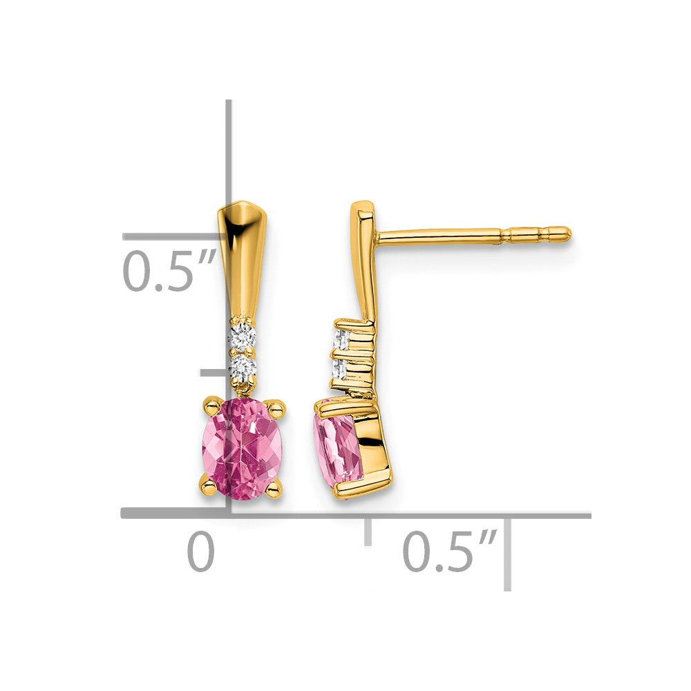 14K Yellow Gold Oval Pink Tourmaline and Diamond Dangle Earrings
