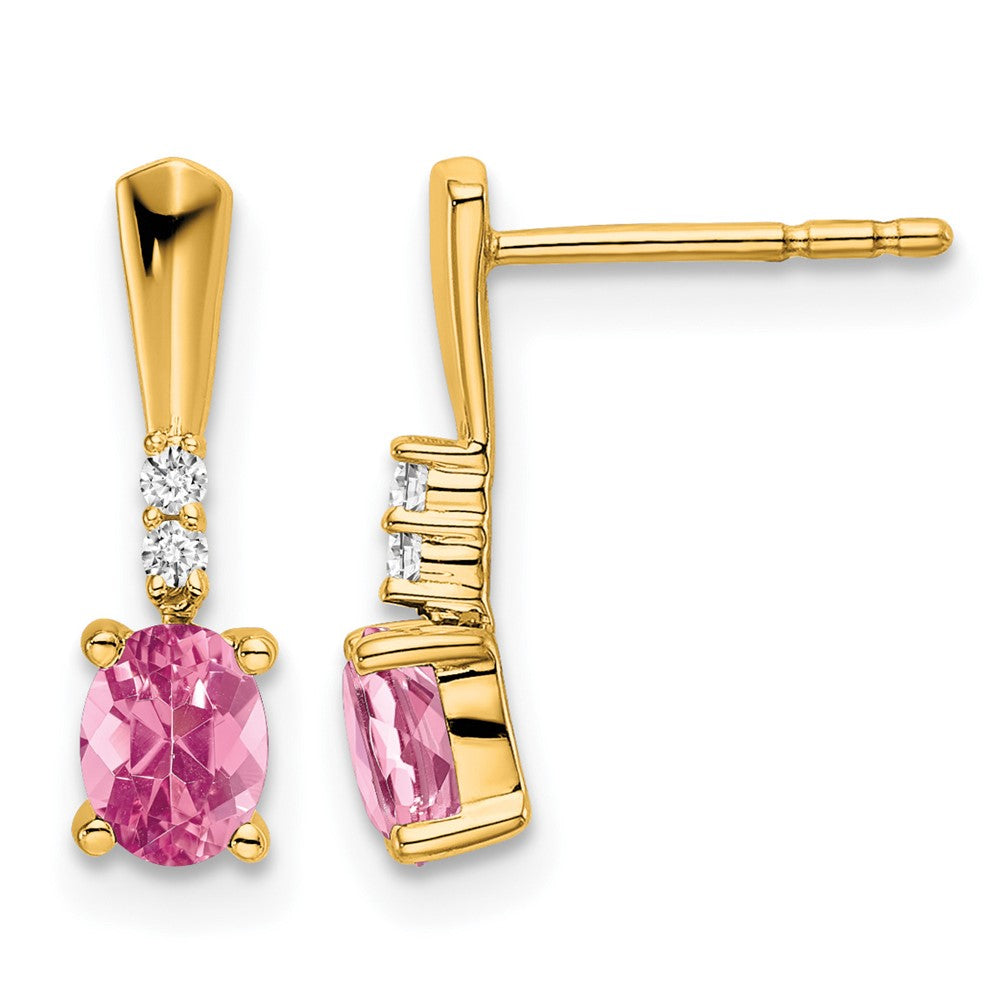 14K Yellow Gold Oval Pink Tourmaline and Diamond Dangle Earrings