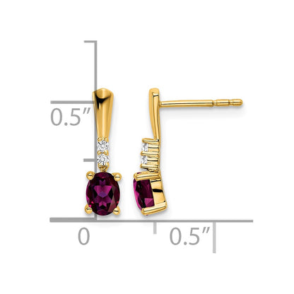 14K Yellow Gold Oval Rhodolite Garnet and Diamond Dangle Earrings