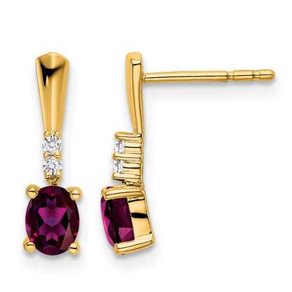 14K Yellow Gold Oval Rhodolite Garnet and Diamond Dangle Earrings