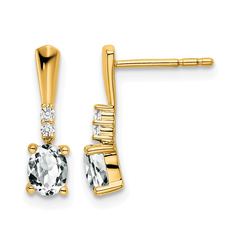 14K Yellow Gold Oval White Topaz and Diamond Dangle Earrings
