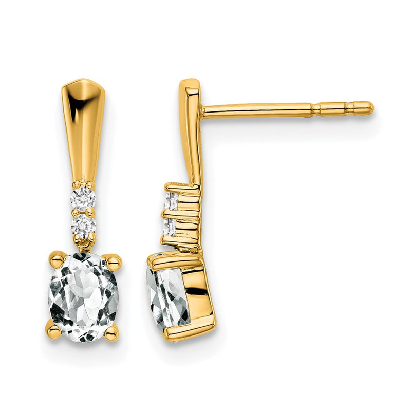 14K Yellow Gold Oval White Topaz and Diamond Dangle Earrings