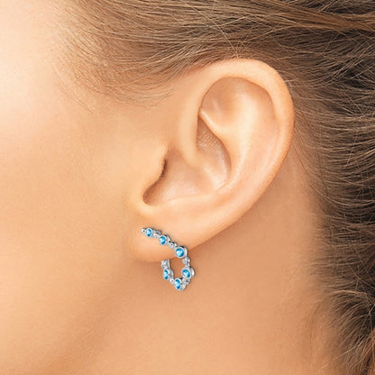Solid 14k White Gold Simulated Blue Topaz Teardrop Hoop Earrings