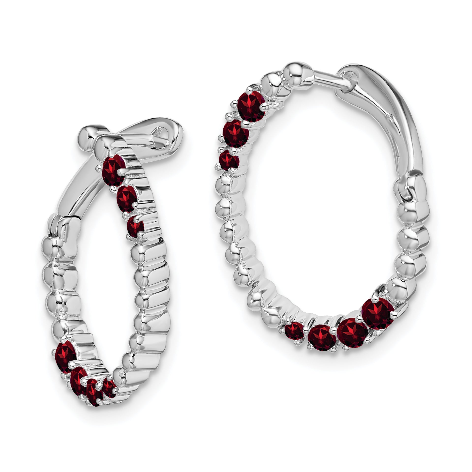 Solid 14k White Gold Simulated Garnet Oval Hoop Earrings