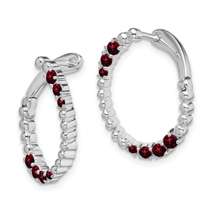 Solid 14k White Gold Simulated Garnet Oval Hoop Earrings