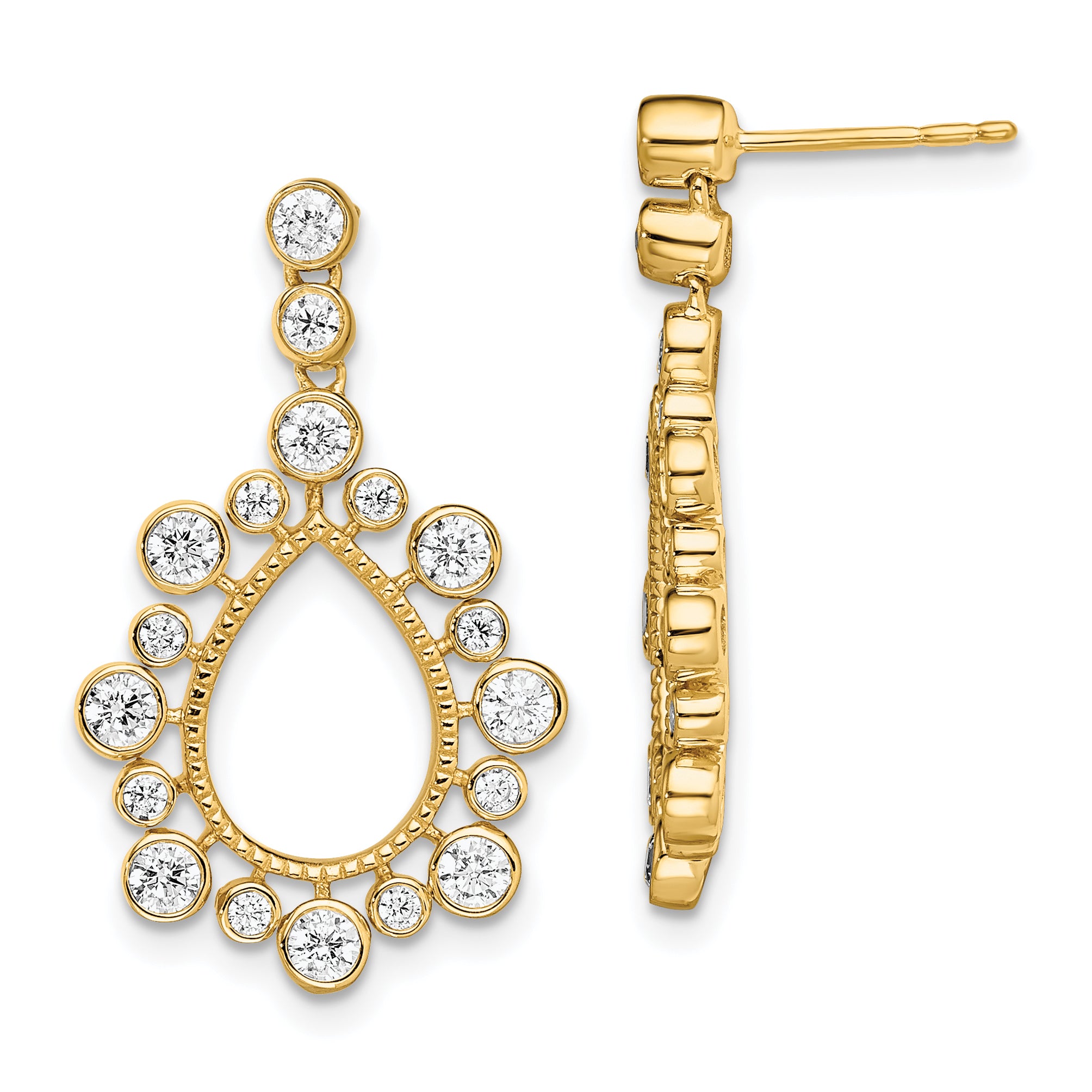 14k Yellow Gold 1 1/8 Ct. Lab Grown Diamond VS/SI+ G+ Teardrop Bezel Post Dangle Earrings
