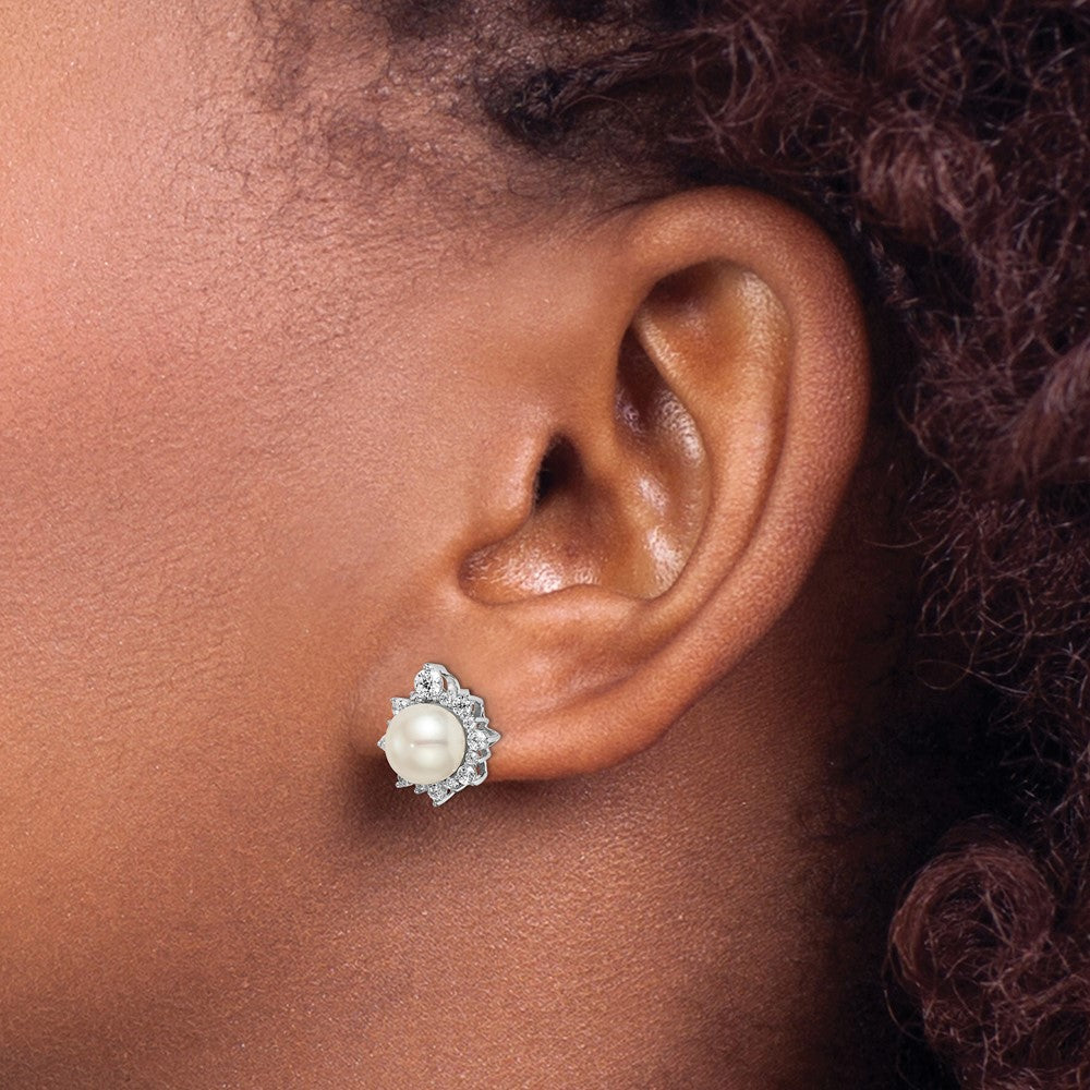 14k White Gold 5/8 Ct. Lab Grown Diamond VS/SI+ G+ and 7.00 mm Round Freshwater Cultured Pearl Complete Fashion Post Earrings