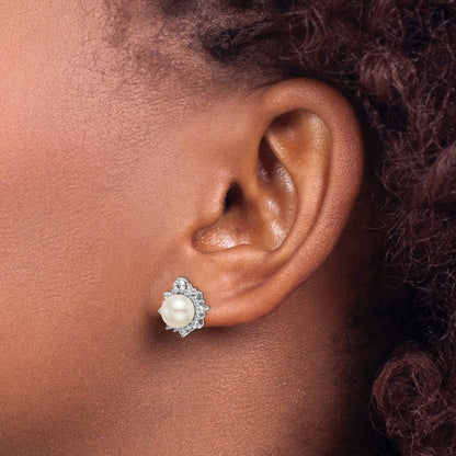 14k White Gold 5/8 Ct. Lab Grown Diamond VS/SI+ G+ and 7.00 mm Round Freshwater Cultured Pearl Complete Fashion Post Earrings